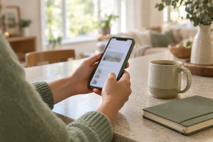 Hands holding a phone at a kitchen counter