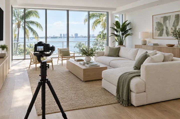 A bright living room being filmed by a camera on a gimbal